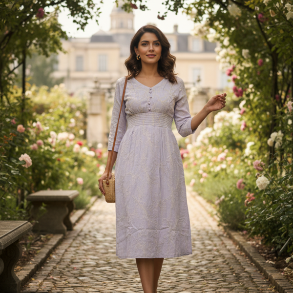 Mauve Floral Button-Down Smocked Waist Dress