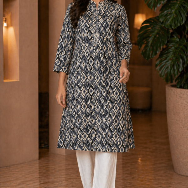 Charcoal Grey Printed Kurti