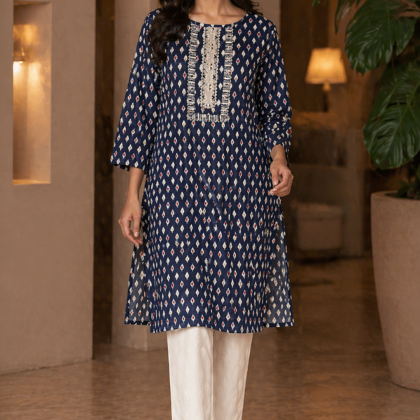 Elegant Navy Blue Printed Kurti