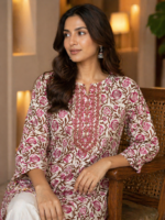 Elegant Cream Pink Floral Printed Kurti - Image 2