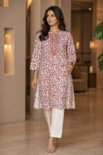 Elegant Cream Pink Floral Printed Kurti