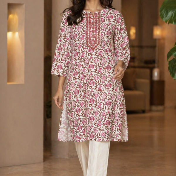 Elegant Cream Pink Floral Printed Kurti