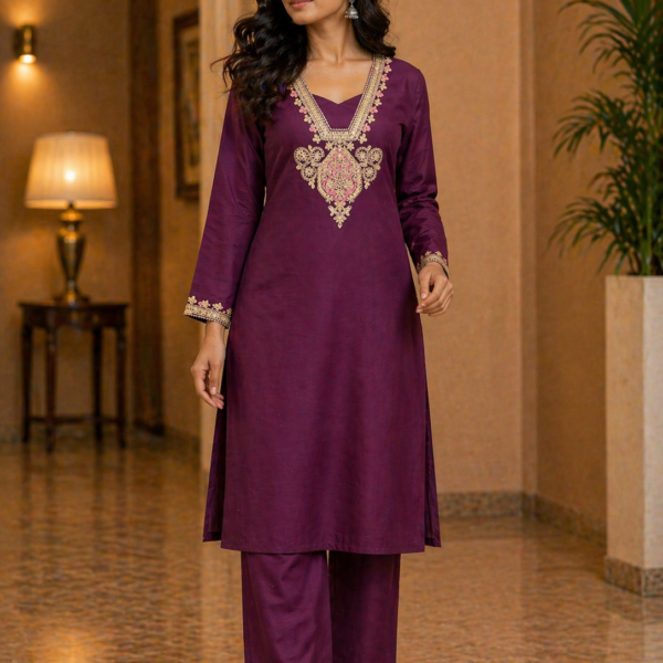 Elegant Wine Embroidered Kurti