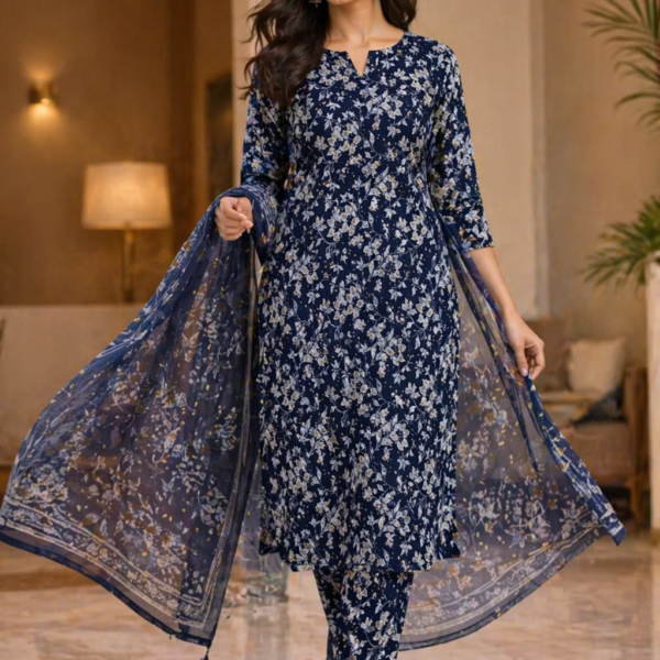 Elegant Navy Blue Floral Printed Kurti