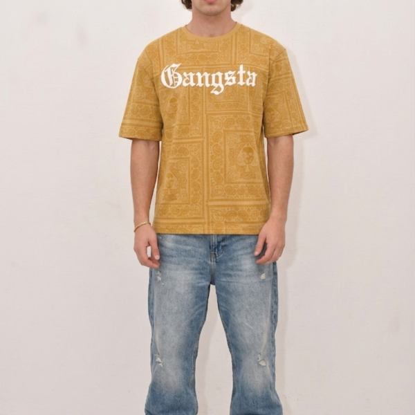"Gangsta" Gothic Graphic Mustard Bandana Print Oversized T-Shirt