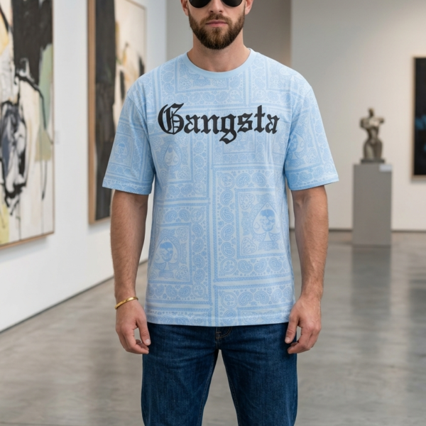 Light Blue Bandana Print "Gangsta" Graphic T-Shirt