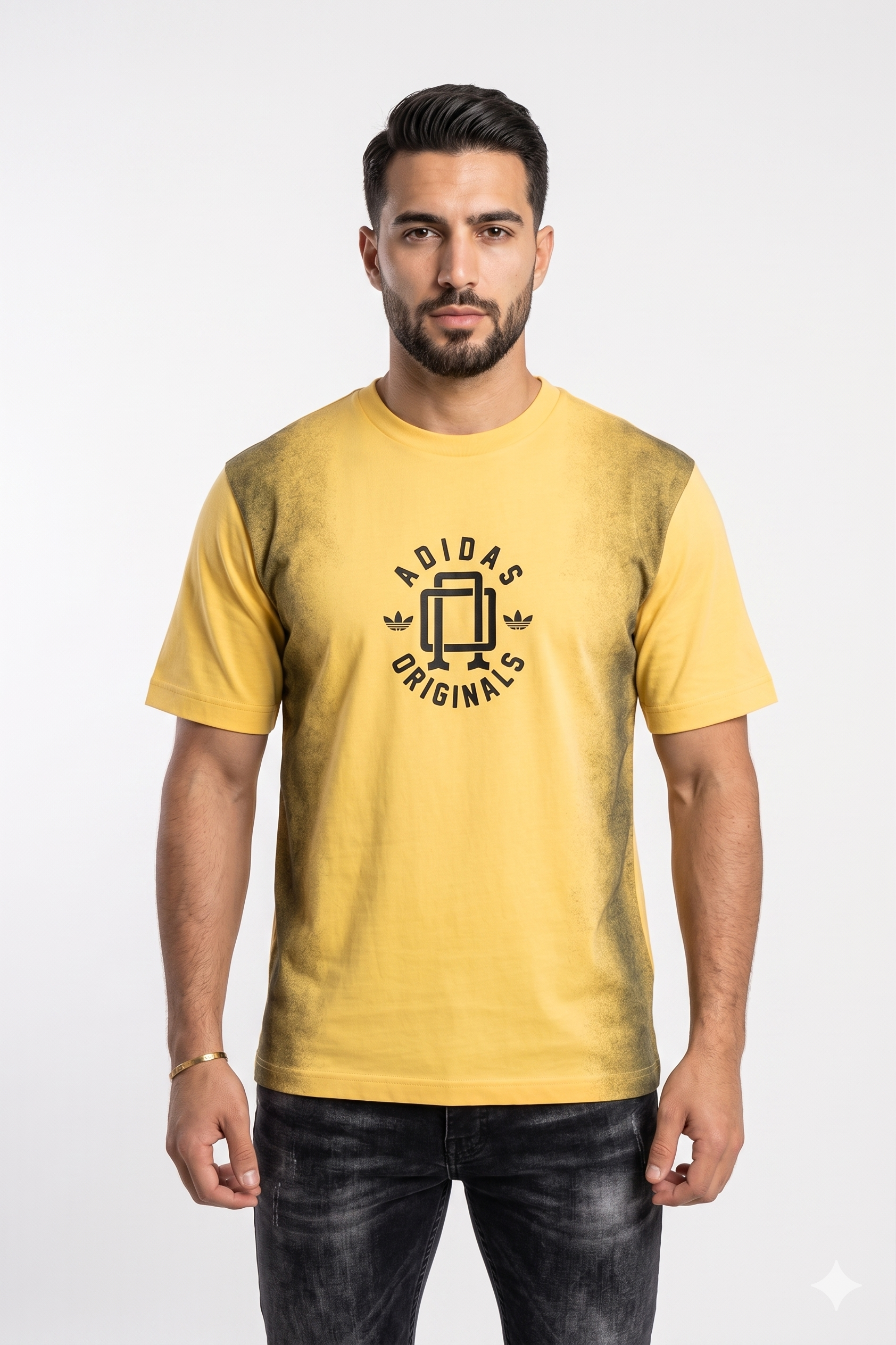 TS008-1 Adidas Originals Spray-Effect Graphic T-Shirt in Mustard Yellow/Black - Image 1