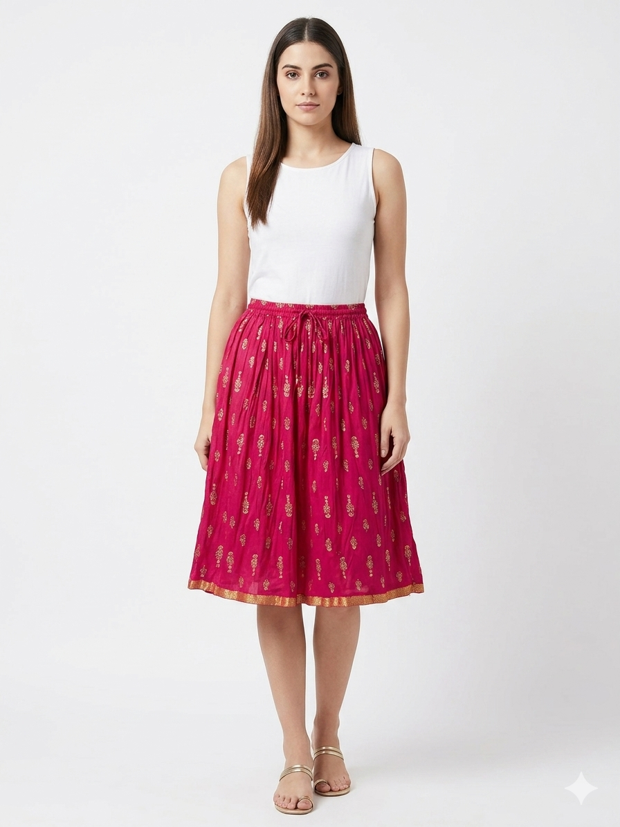 6296dceb-d98a-4ef8-80d2-c43c377962a8 Fuchsia Gold-Print Midi Skirt - Image 1