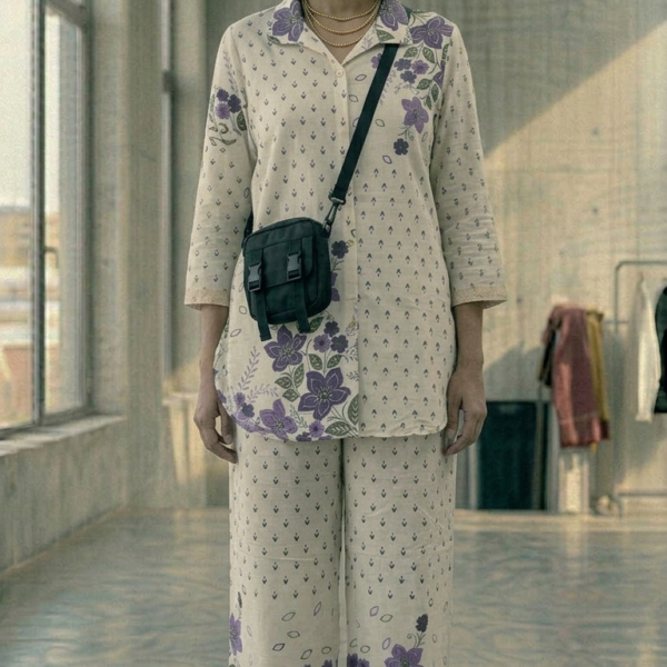 Elegant Floral Co-ord Set in Soft Purple and Cream