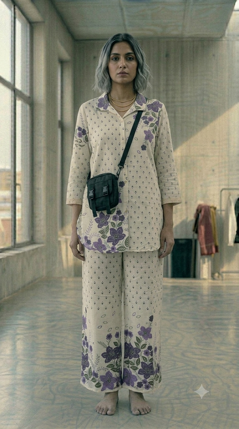 COD001 (1) Elegant Floral Co-ord Set in Soft Purple and Cream - Image 1