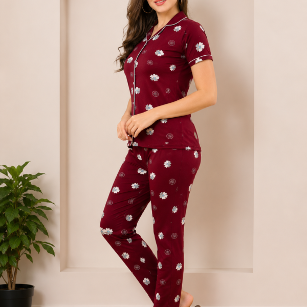 SK Berry Blossom Nightsuit | Women's Front Open Floral Print Night Suit Set