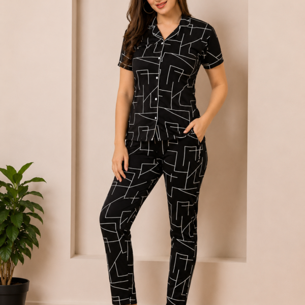 SK Graphite Grid Nightsuit | Women's Front Open Geometric Print Night Suit Set