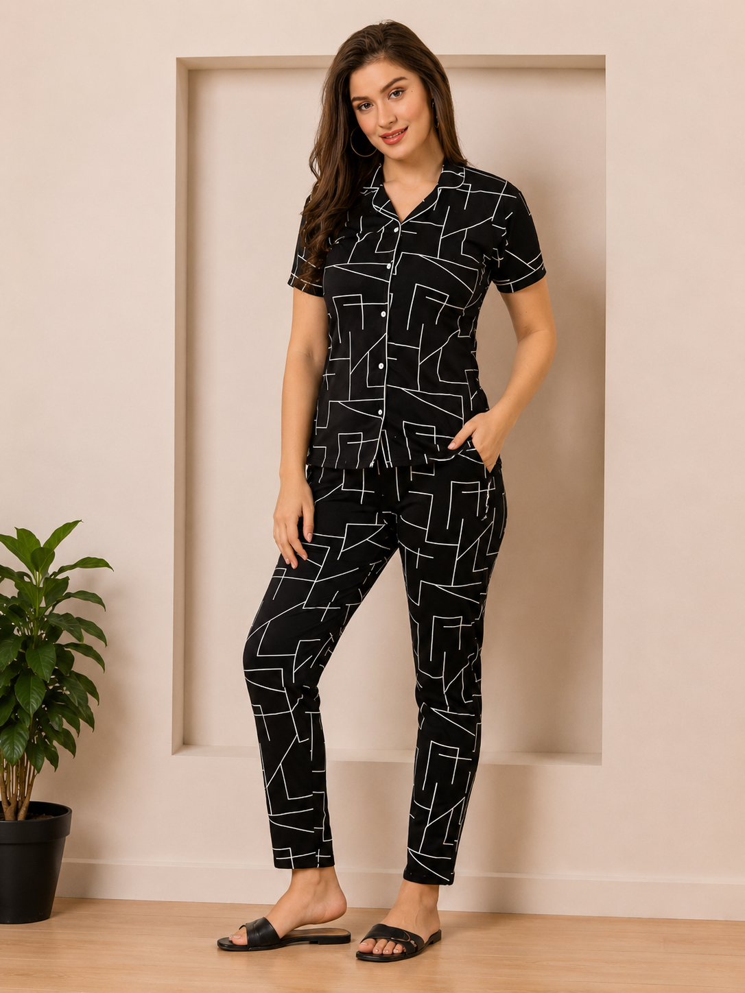 ChatGPT Image Jun 7, 2026, 02_28_41 AM SK Graphite Grid Nightsuit | Women's Front Open Geometric Print Night Suit Set - Image 1