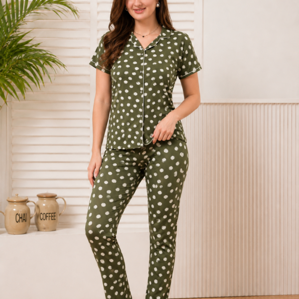 SK Olive Polka Nightsuit | Women's Front Open Polka Dot Night Suit Set
