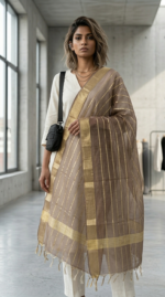 Elegant Beige Organza Dupatta with Golden Zari Stripes
