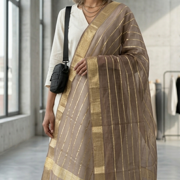 Elegant Beige Organza Dupatta with Golden Zari Stripes