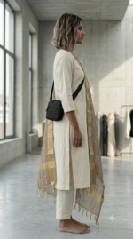 Elegant Beige Organza Dupatta with Golden Zari Stripes - Image 3