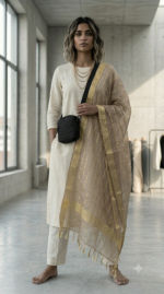 Elegant Ivory Organza Dupatta with Golden Zari Stripes - Image 4