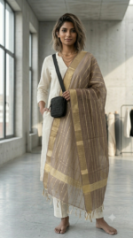 Elegant Ivory Organza Dupatta with Golden Zari Stripes