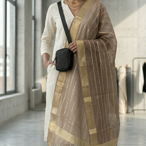 Elegant Ivory Organza Dupatta with Golden Zari Stripes