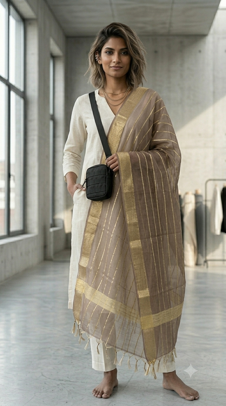 DP002 (2) Elegant Ivory Organza Dupatta with Golden Zari Stripes - Image 1