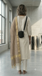 Elegant Ivory Organza Dupatta with Golden Zari Stripes - Image 2