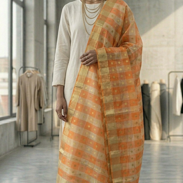 Peach Checked Organza Dupatta with Golden Zari Dots