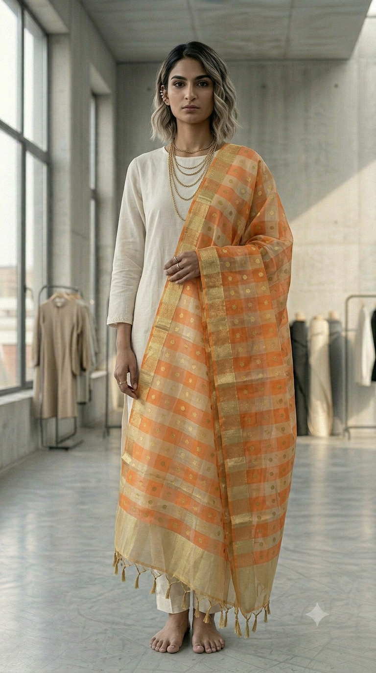 DP004 (3) Peach Checked Organza Dupatta with Golden Zari Dots - Image 1