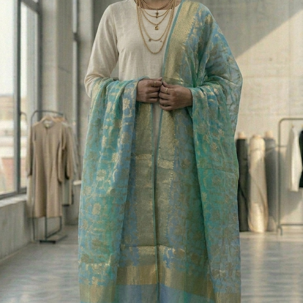 Aqua Blue Floral Brocade Organza Dupatta