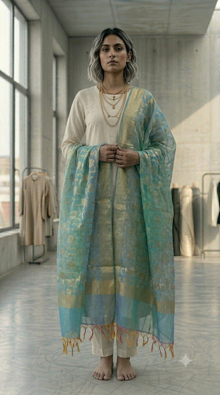 DP005 (2) Aqua Blue Floral Brocade Organza Dupatta - Image 1