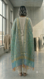 Aqua Blue Floral Brocade Organza Dupatta - Image 4