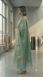 Aqua Blue Floral Brocade Organza Dupatta - Image 3