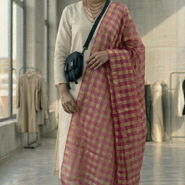 Rani Pink Checked Silk Blend Dupatta