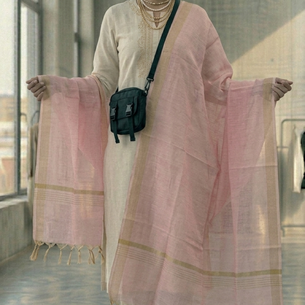 Soft Blush Pink Organza Dupatta with Golden Border