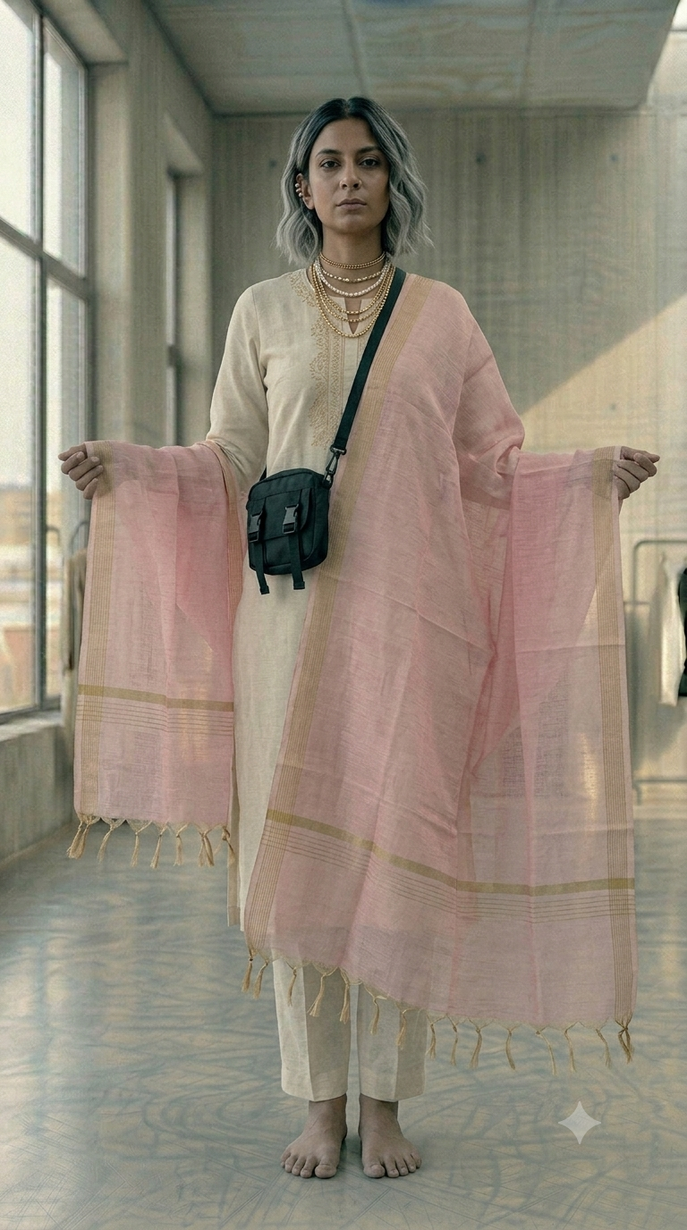 DP007 (3) Soft Blush Pink Organza Dupatta with Golden Border - Image 1