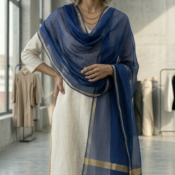 Royal Blue Textured Dupatta with Golden Border