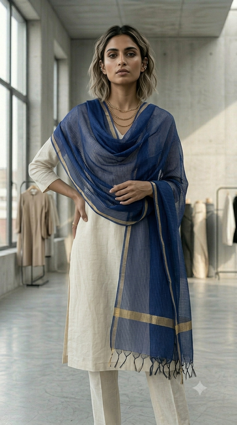 Dp003 (1) Royal Blue Textured Dupatta with Golden Border - Image 1