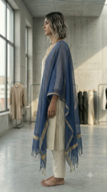 Royal Blue Textured Dupatta with Golden Border - Image 3
