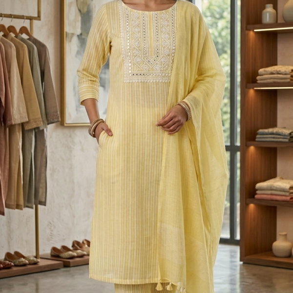 Elegant Lemon Yellow Embroidered Cotton Suit Set with Dupatta