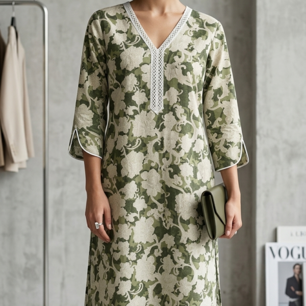 Elegant Sage Green Floral Lace Designer Kurti