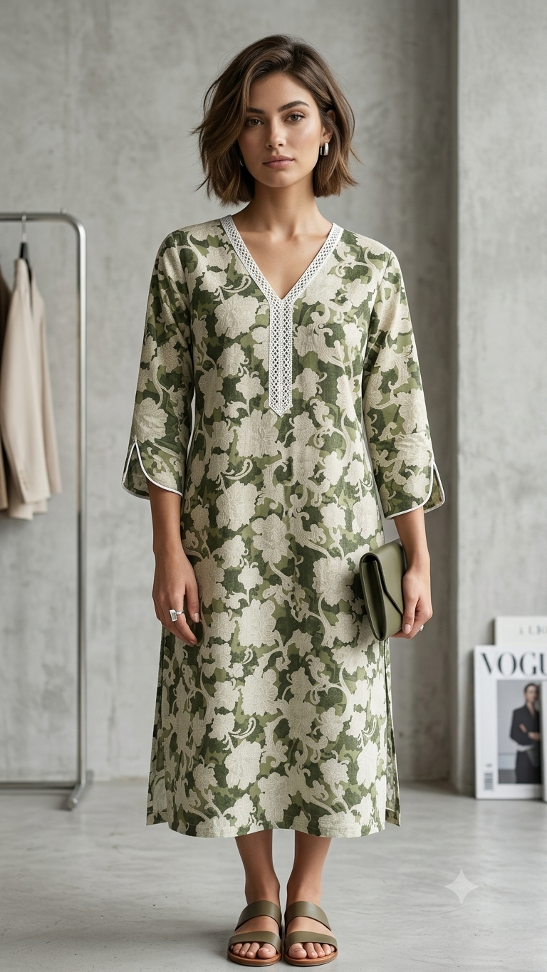 LK001 (1) Elegant Sage Green Floral Lace Designer Kurti - Image 1