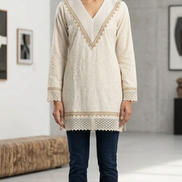 Ivory Embroidered Lace Kurti