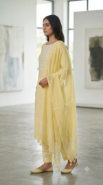Elegant Lemon Yellow Embroidered Cotton Suit Set with Dupatta - Image 2