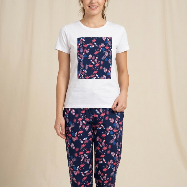 Tropical Flamingo Print Lounge Pajama Pants in Navy Blue