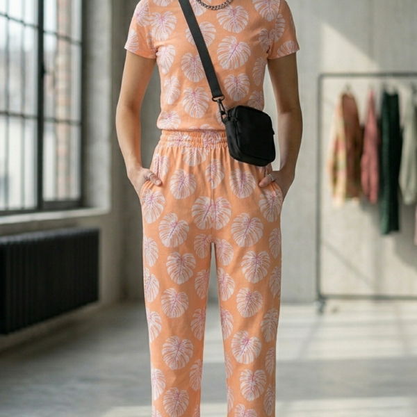 Women's Peach Leaf Print Cotton Lounge Pajama