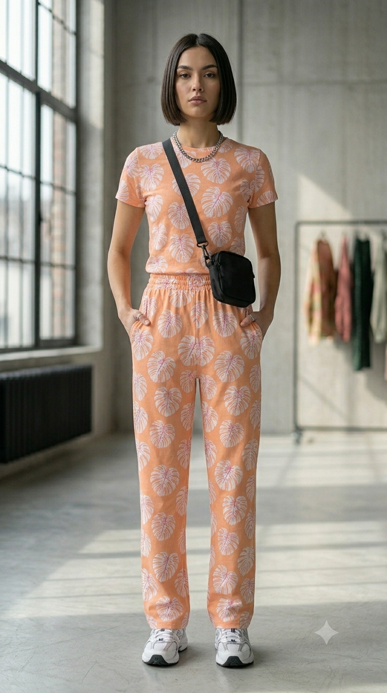 PJ18 (2) Women's Peach Leaf Print Cotton Lounge Pajama - Image 1