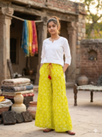 Boho-Chic Yellow-Green Tiered Palazzos with Red Drawstring