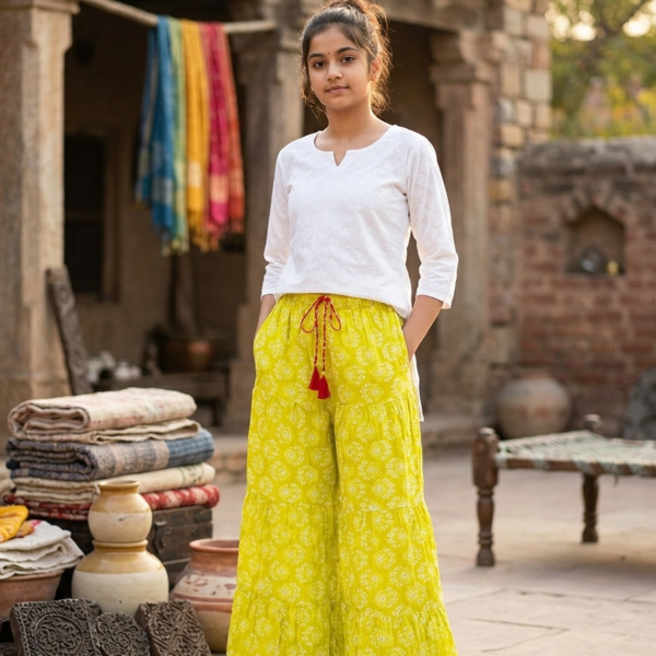 Boho-Chic Yellow-Green Tiered Palazzos with Red Drawstring