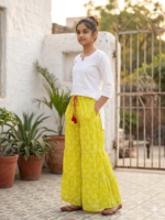 Boho-Chic Yellow-Green Tiered Palazzos with Red Drawstring - Image 2