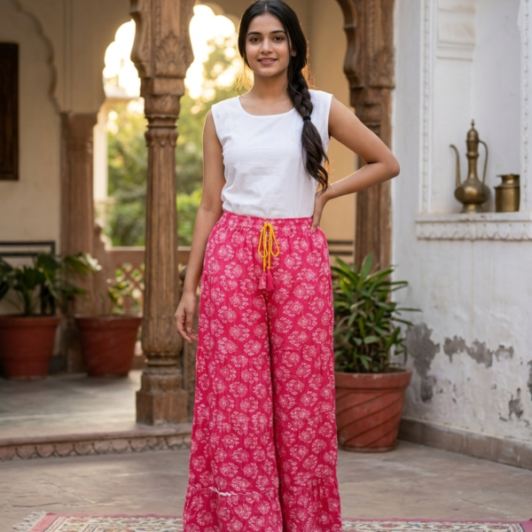 Fuchsia Block Print Style Palazzo Pants